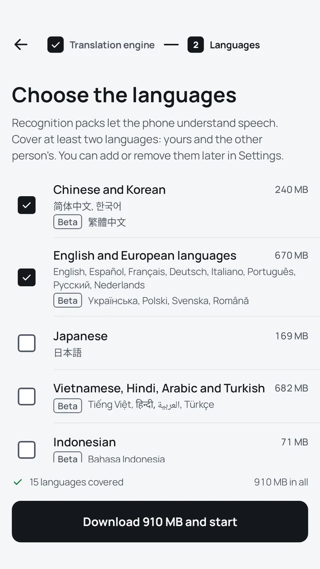 Choosing language packs to download in Saymondo